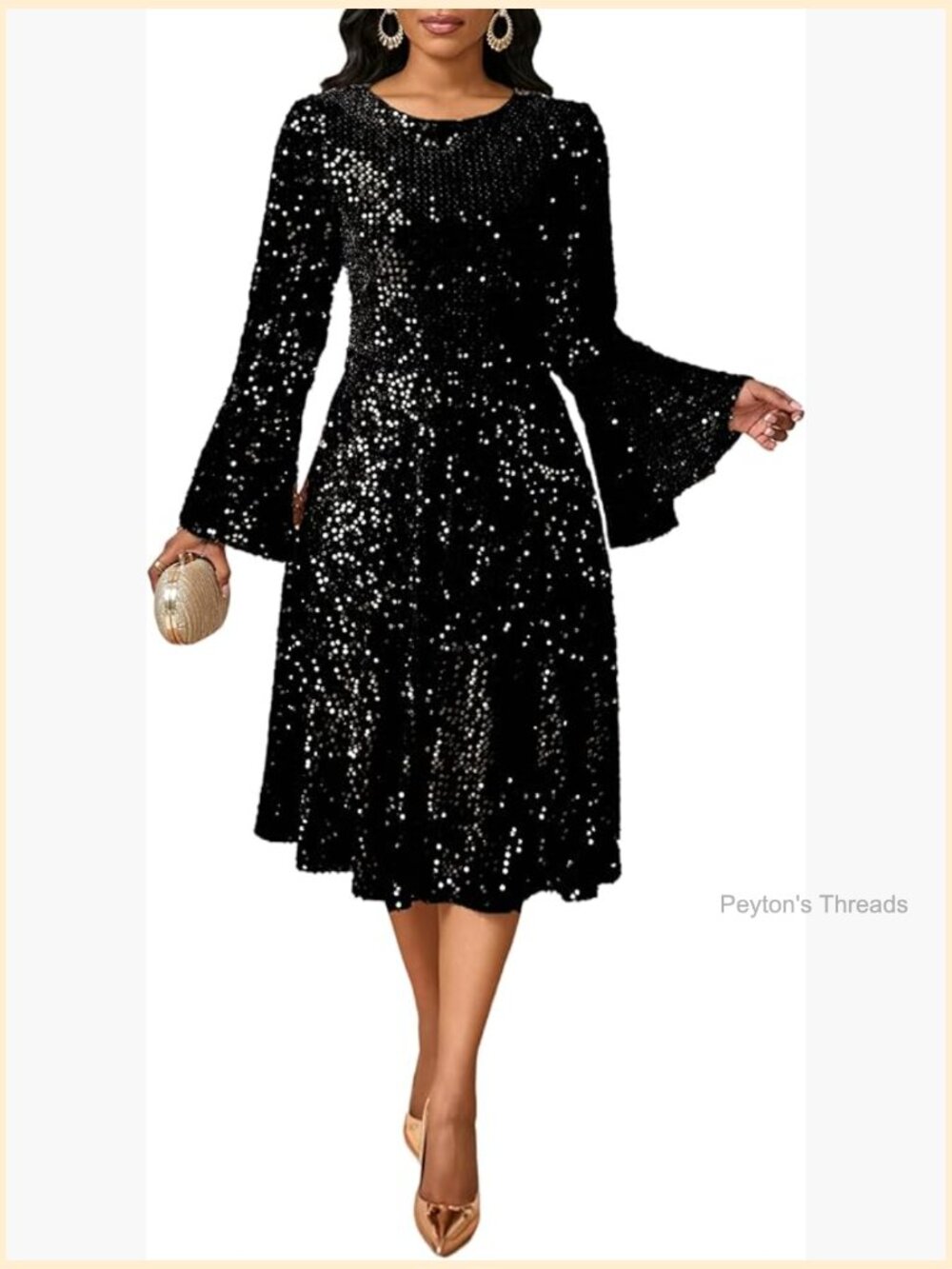 Glitter A-Line Sequin Dress Long Sleeve Midi Sparkly Bell Sleeves Party Dress